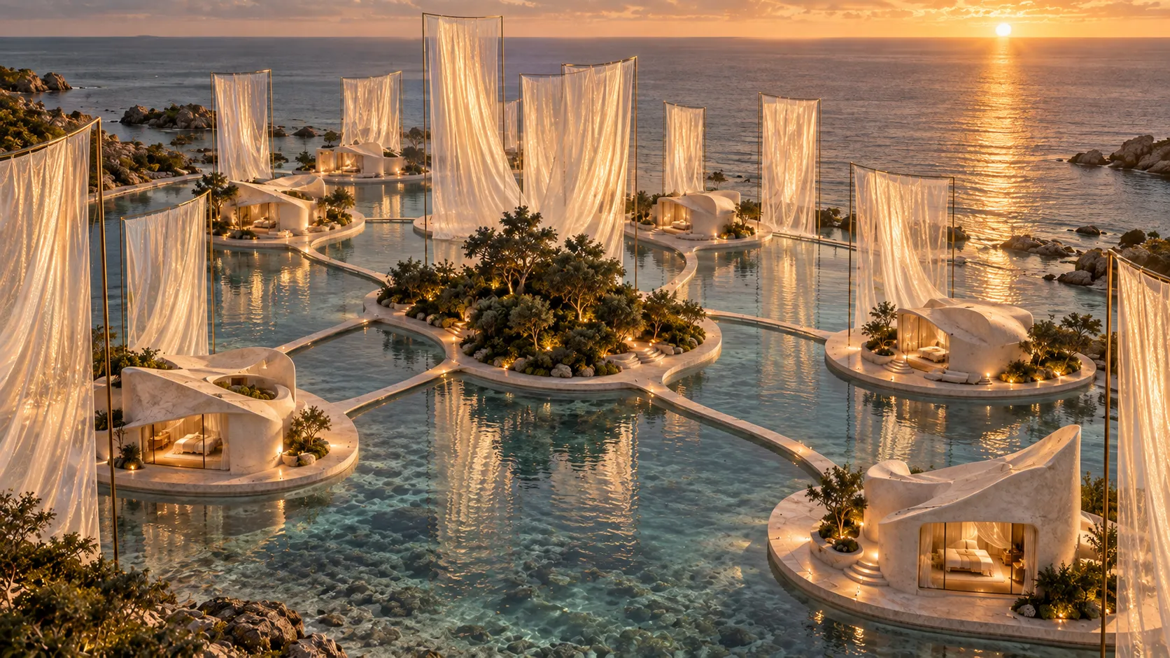 From above, low pavilions gather around one green island while tall screens set the rhythm.