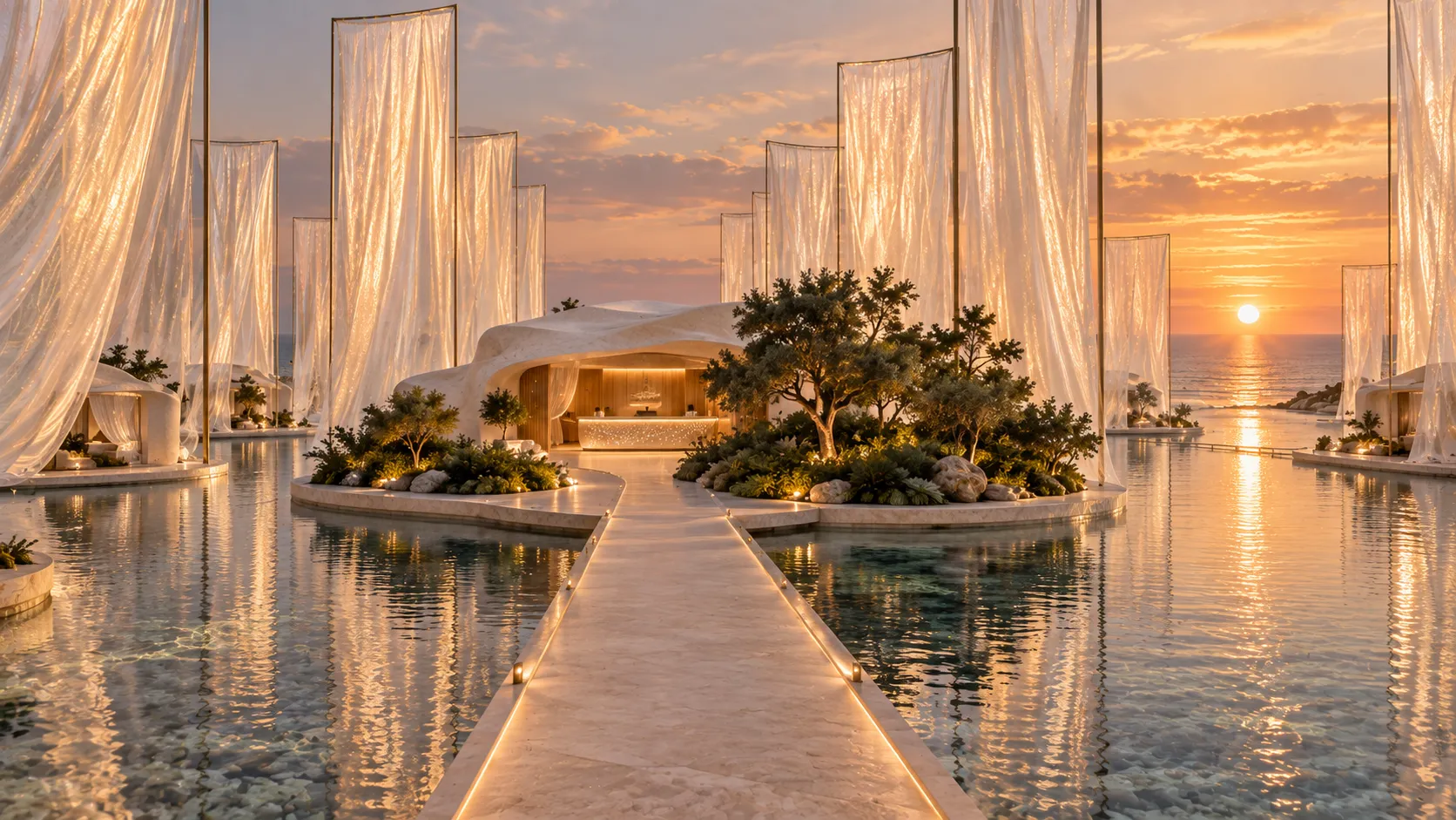 A slender bridge leads guests between veils, revealing the sea a little at a time.