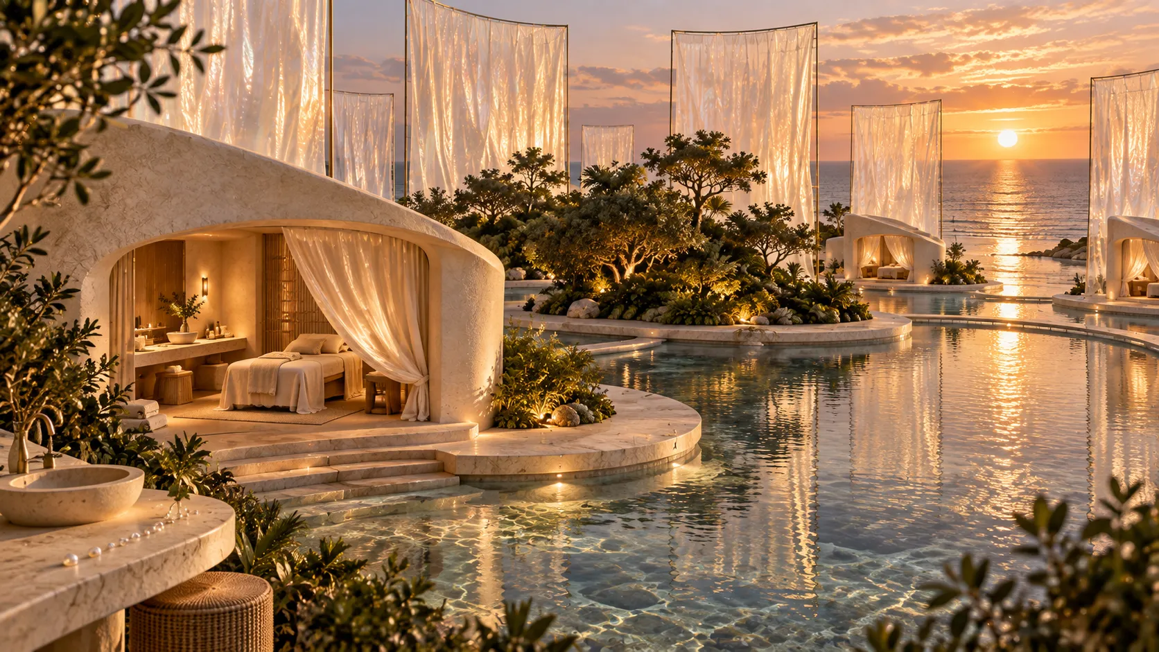 The spa sits near the green island, with sheer screens filtering the view.