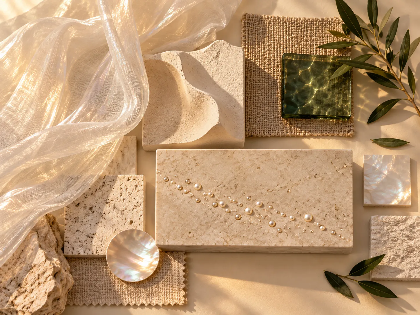 Pale plaster, stone and flax meet translucent fabric, deep-green glass and pearl-inlaid counter stone.