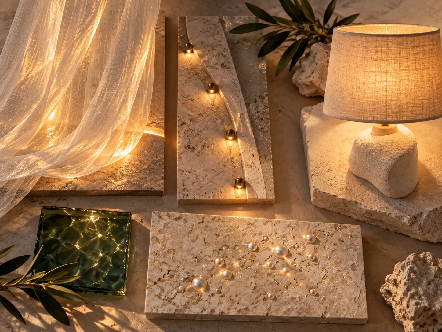 Warm grazing light, quiet path markers and softly glowing fabric shape VELA after dark.