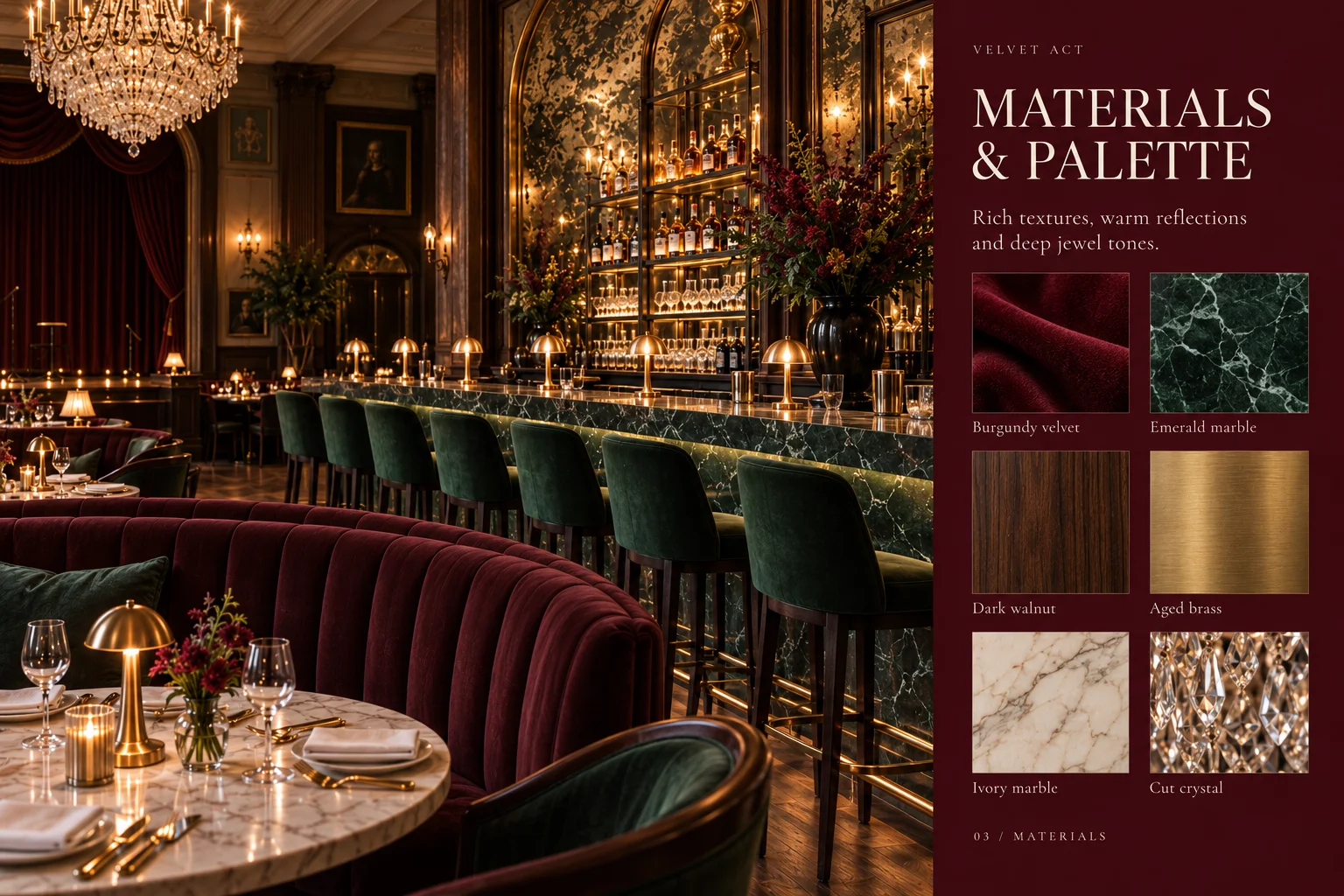 Burgundy velvet, emerald marble and brass against dark timber.