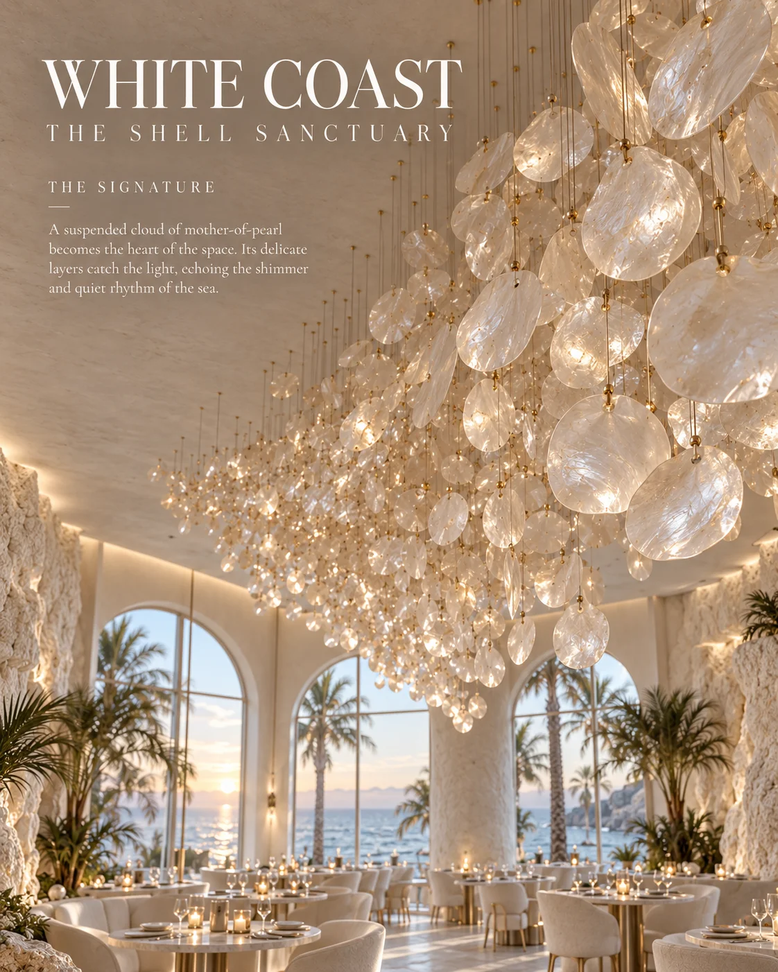 The mother-of-pearl chandelier, the heart of the room.